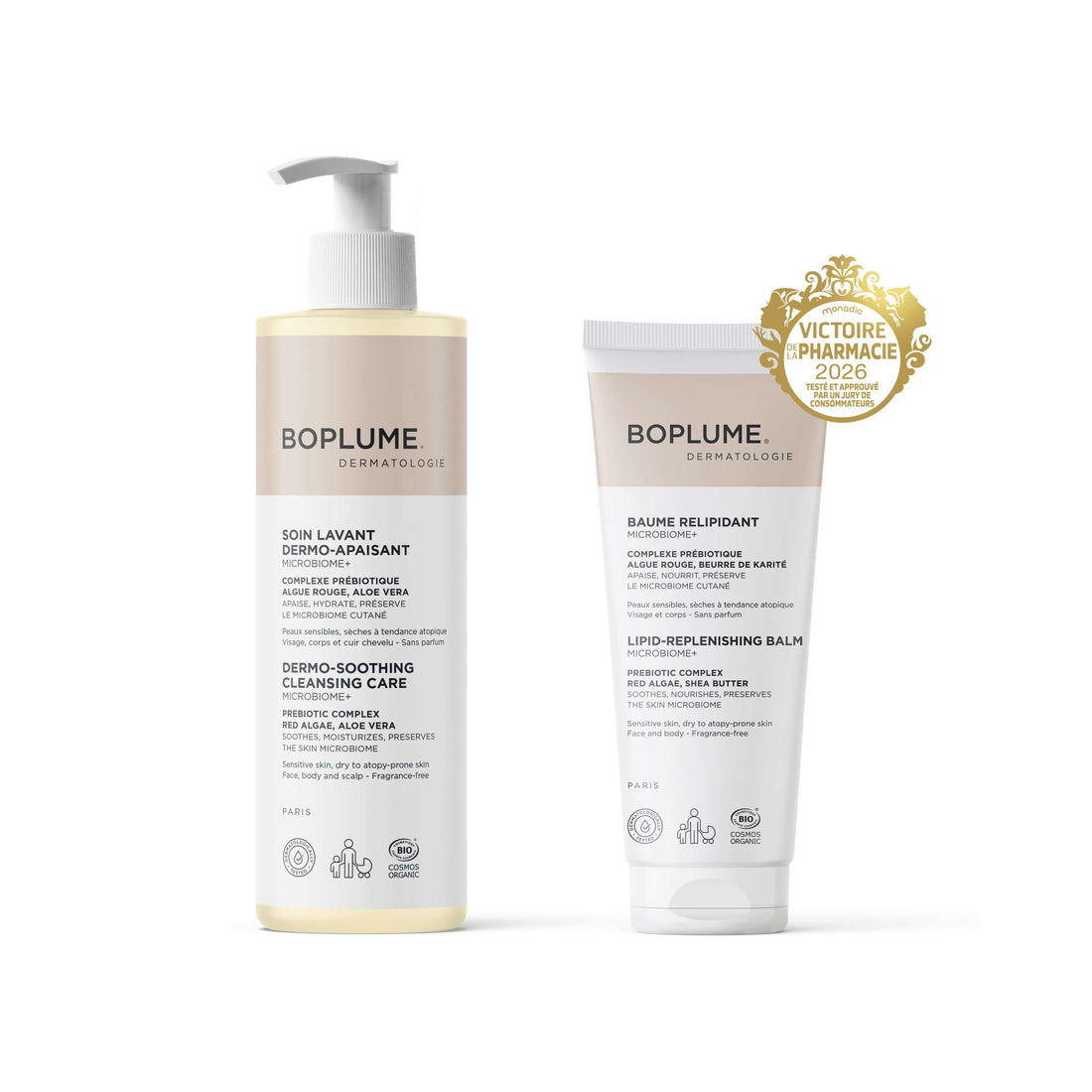 ROUTINE BÉBÉ MICROBIOME+, SOIN LAVANT DERMO-APAISANT, BAUME RELIPIDANT 
 Boplume Dermatologie